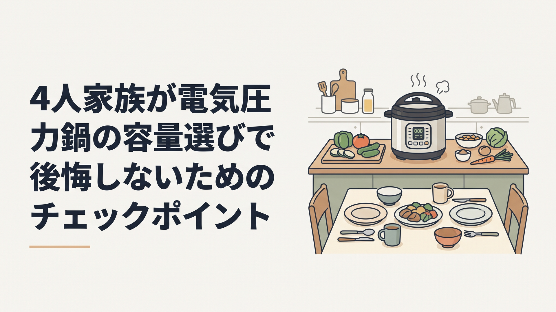 4人分の食卓に電気圧力鍋が置かれ、家族分の料理が並んでいる様子