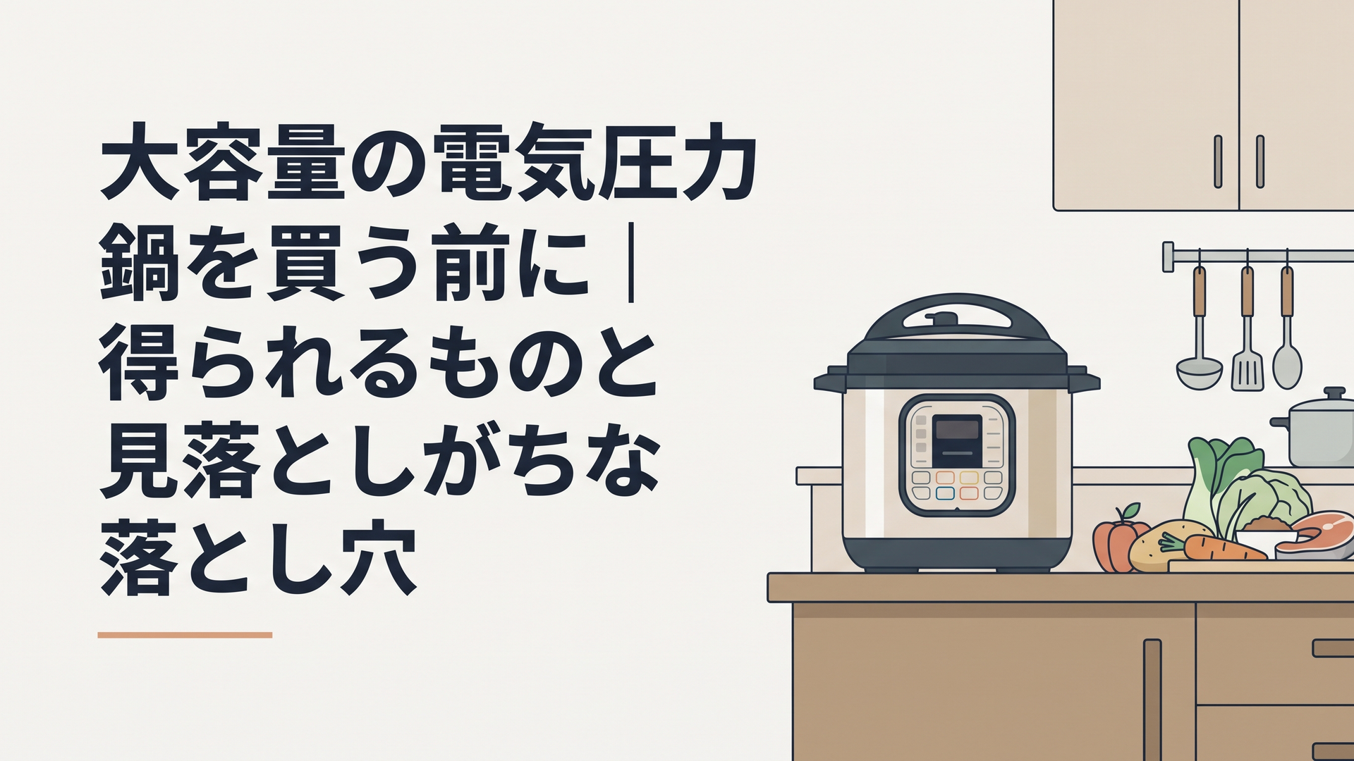 大容量の電気圧力鍋がキッチンの調理台に置かれ、家族分の食材が横に並んでいる様子