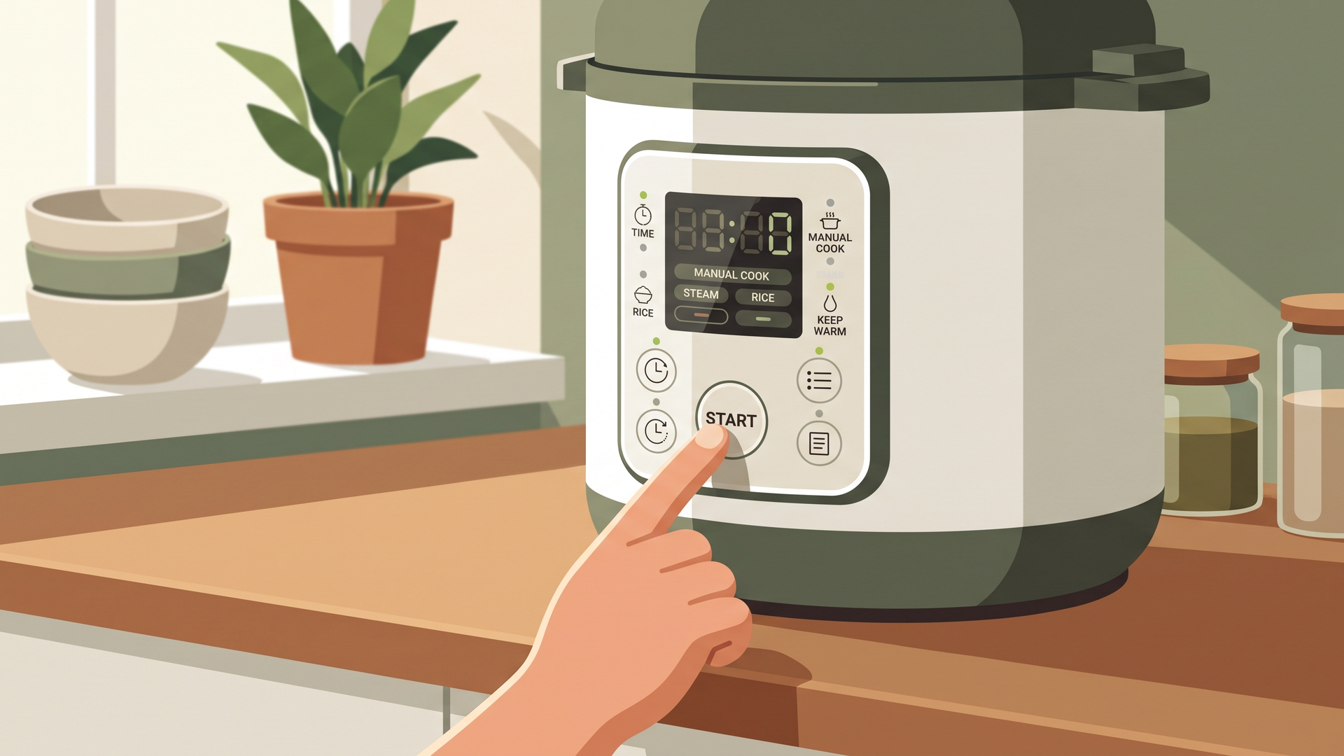 電気圧力鍋のスタートボタンを押そうとしている手元