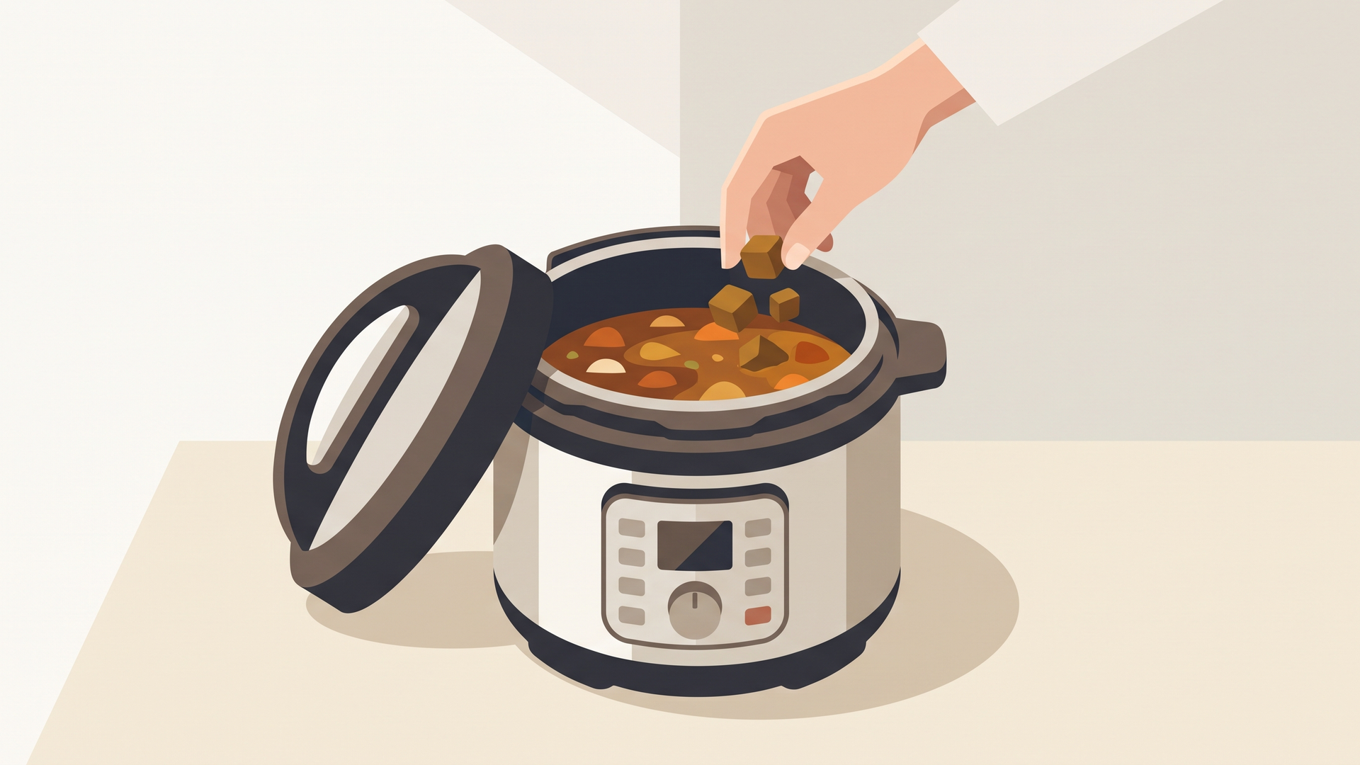 電気圧力鍋にカレールウを入れようとしている手元