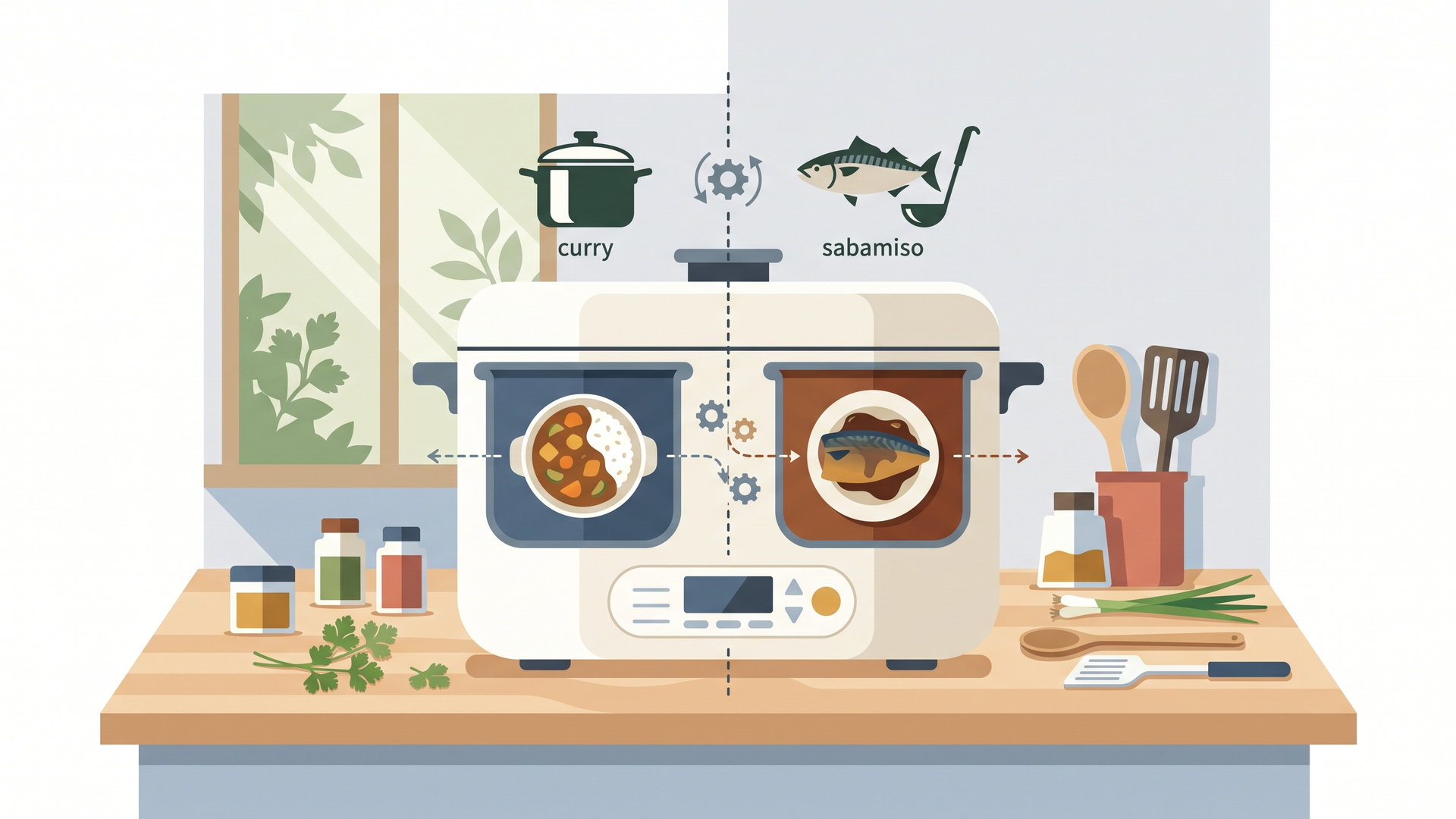 自動調理鍋でカレーとサバみそを同時に作り比べている検証キッチンの様子