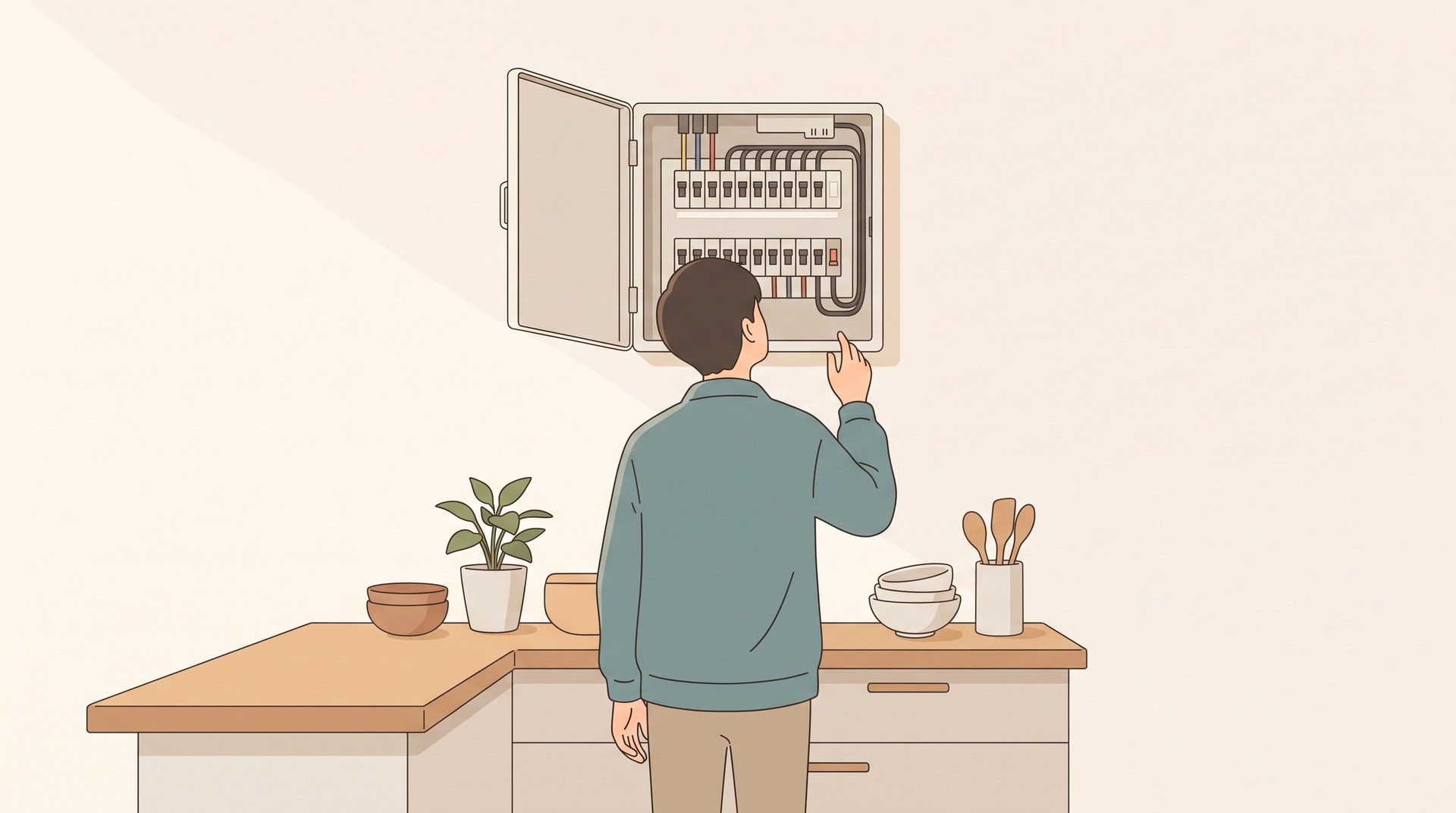 キッチンの壁の分電盤を開けて、ブレーカーの構成を確認している様子