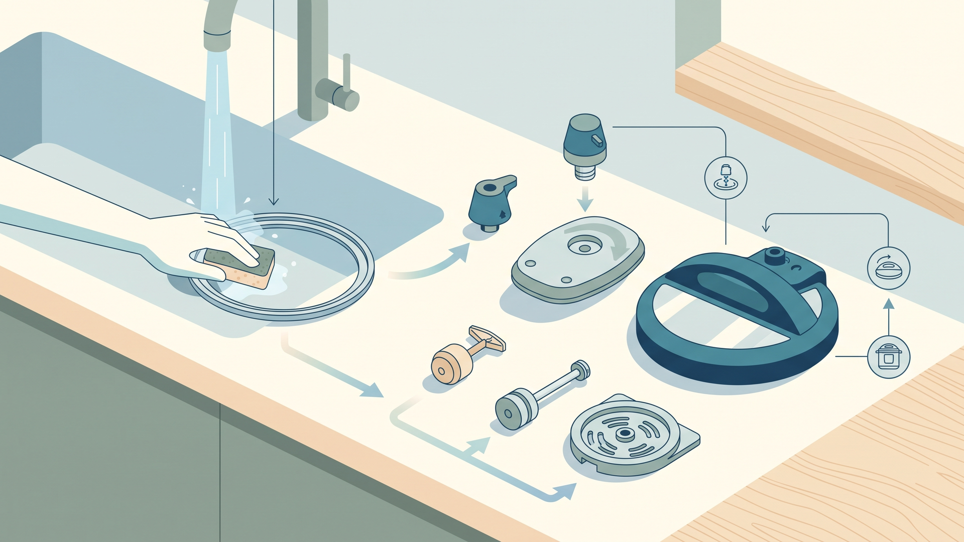 電気圧力鍋のパーツを分解して洗っているところ