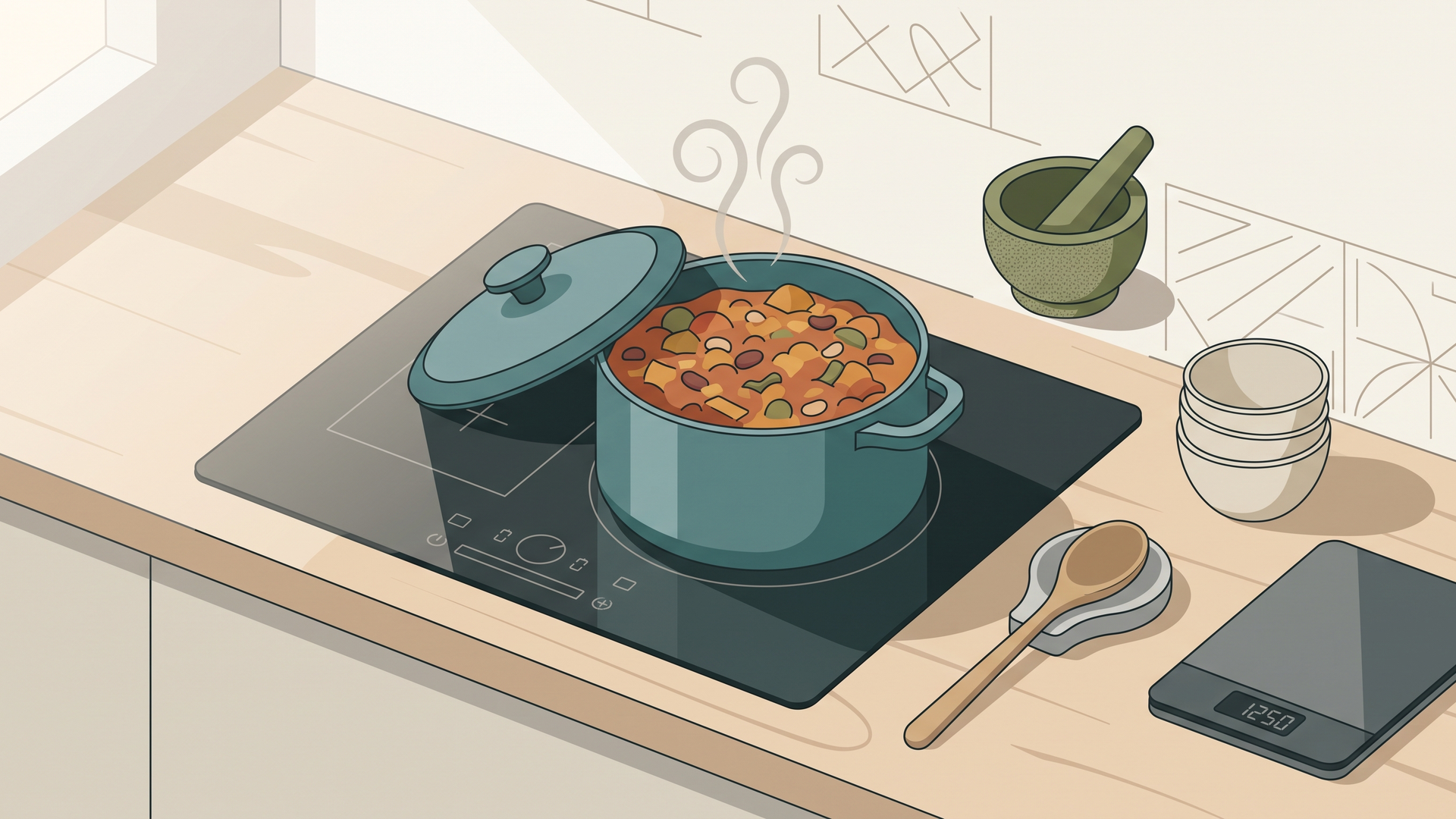 コンロにかけた鍋の煮込みと、キッチンスケール