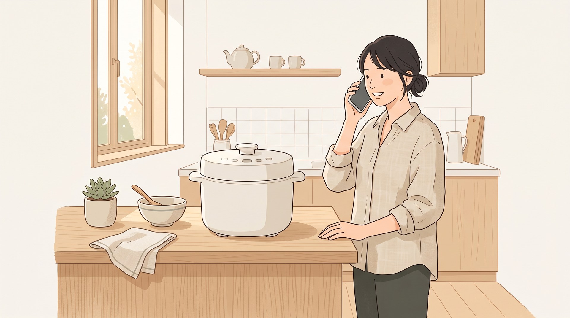 電気圧力鍋のそばで、修理相談窓口に電話をかけている様子