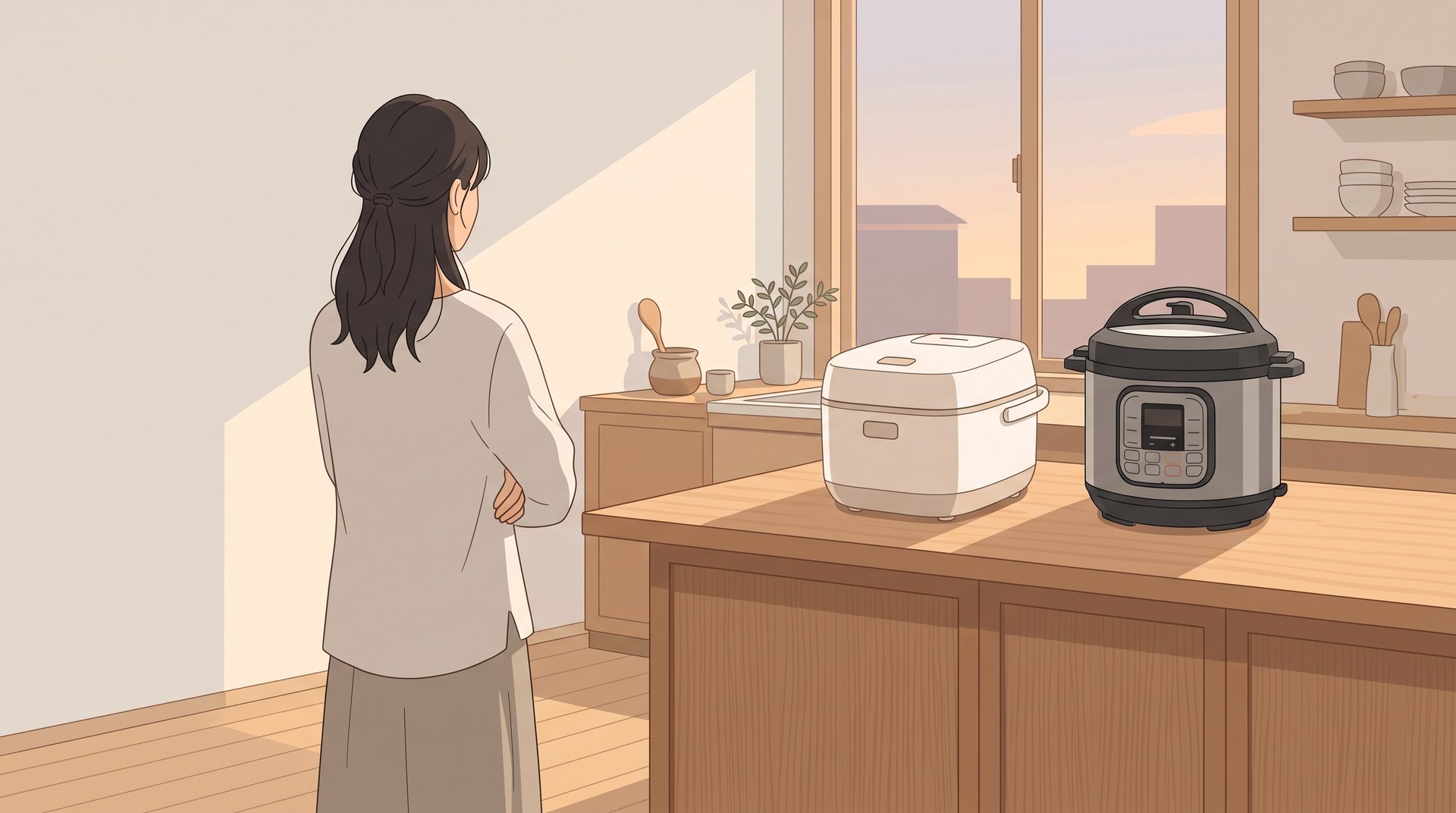 夕方のキッチンで、並んで置かれた炊飯器と電気圧力鍋を見比べている様子