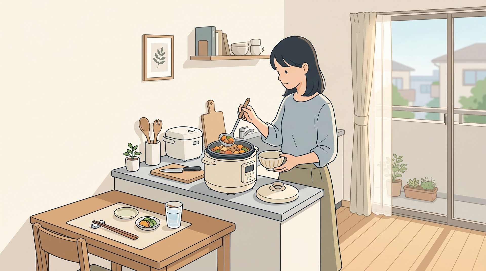 電気圧力鍋で作った料理を1人分だけ皿に盛りつけているところ