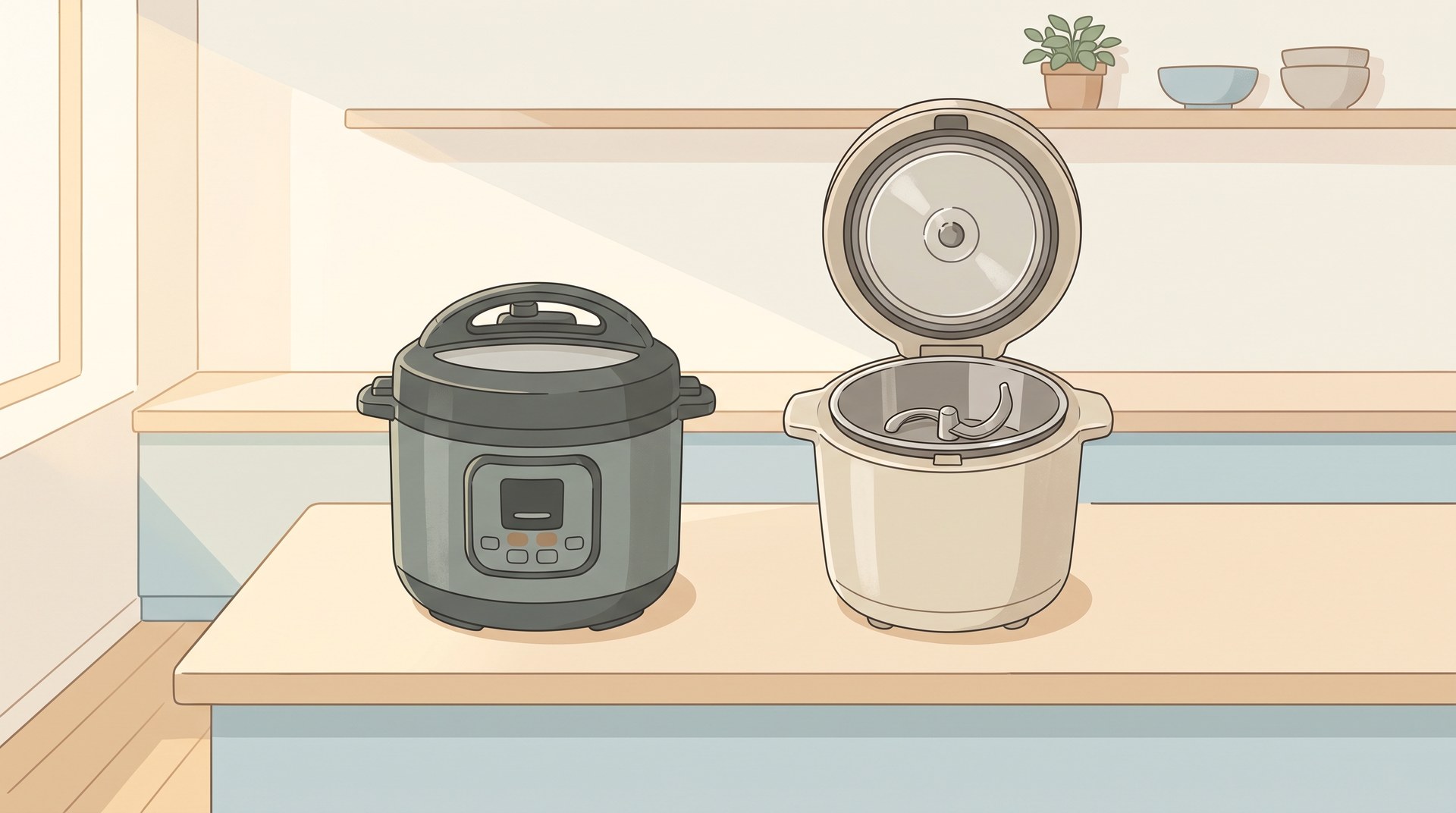 ふたを閉じた電気圧力鍋と、ふたを開けてかき混ぜ用の羽根が見える自動調理鍋を並べた様子