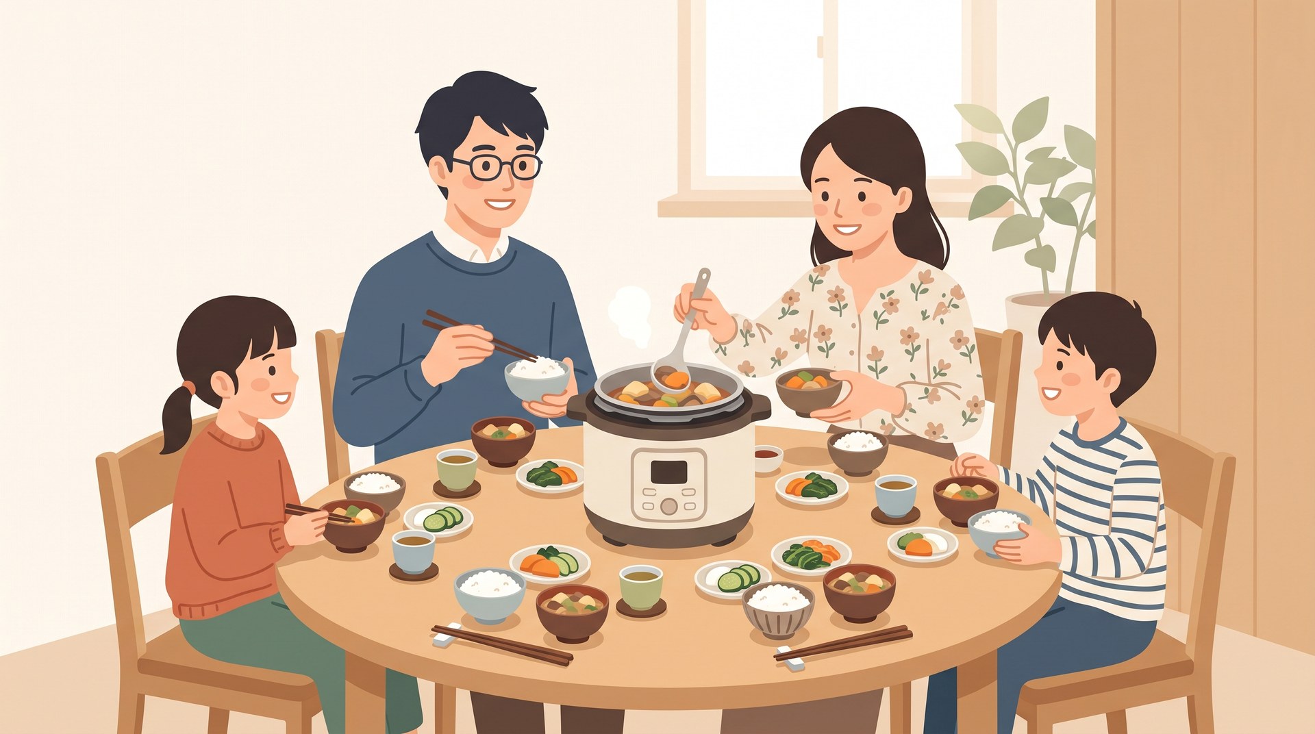 4人家族の食卓で電気圧力鍋から料理を取り分けているところ