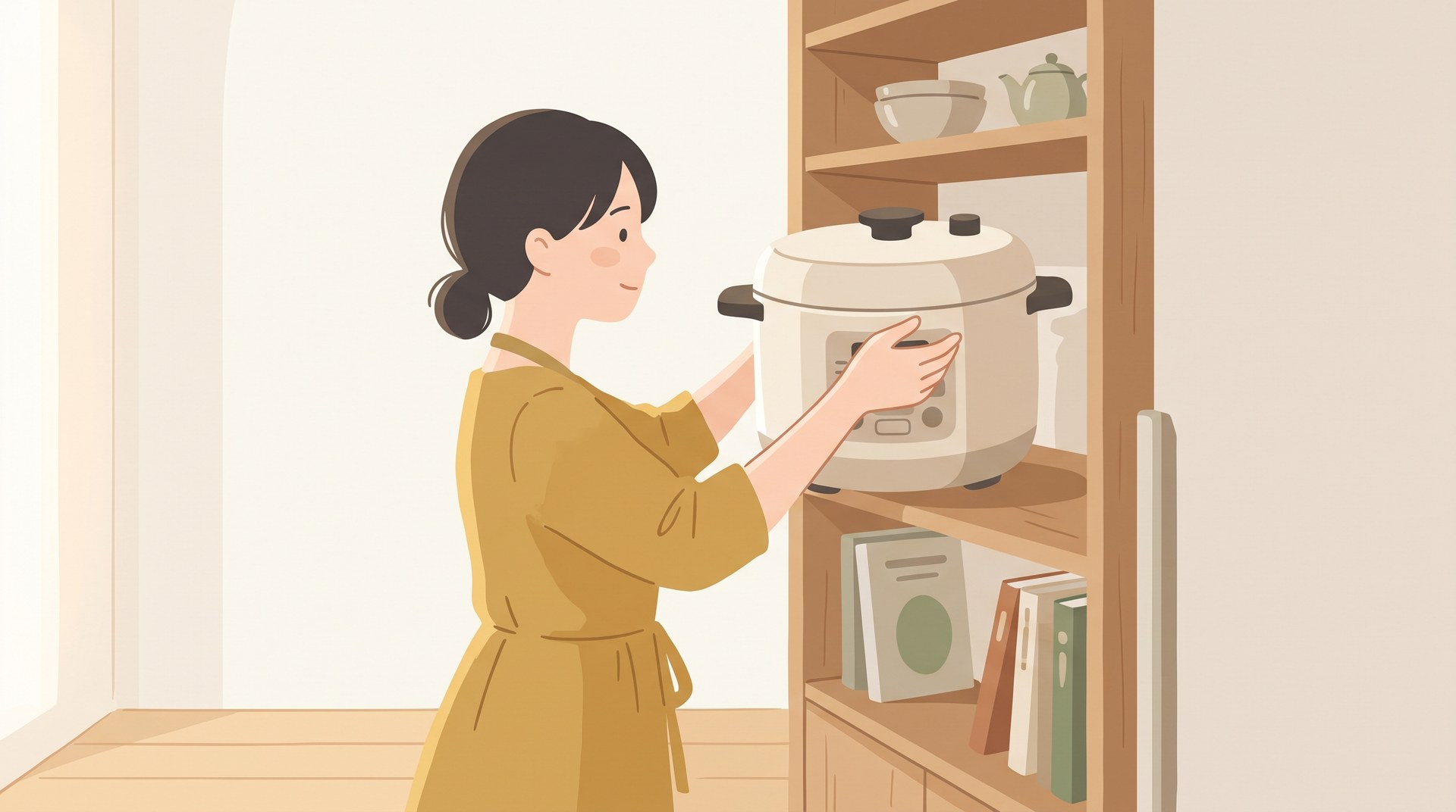 大きい電気圧力鍋を両手で持ち上げて棚にしまおうとしているところ