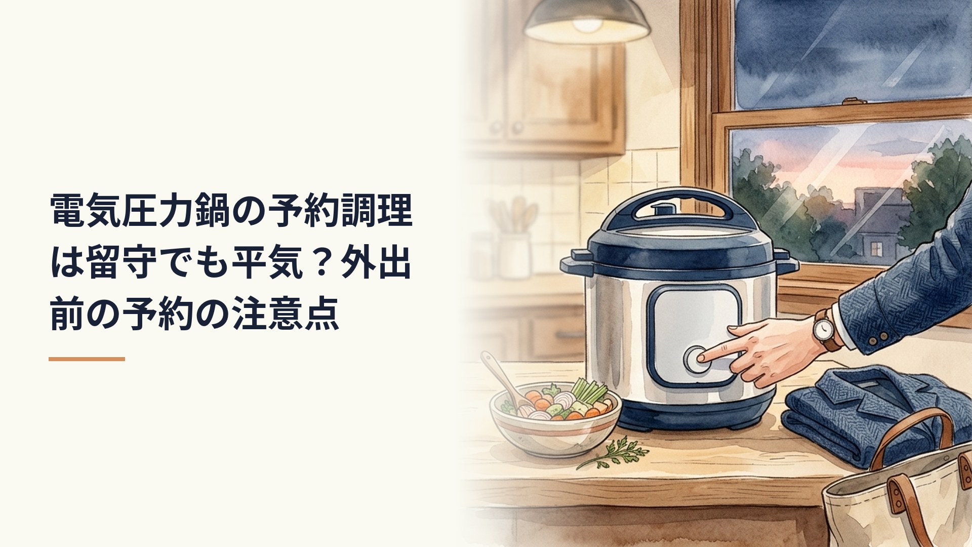 外出前に電気圧力鍋の予約ボタンを押す手元。台にはカットした野菜のボウルと、たたんだ上着とトートバッグ