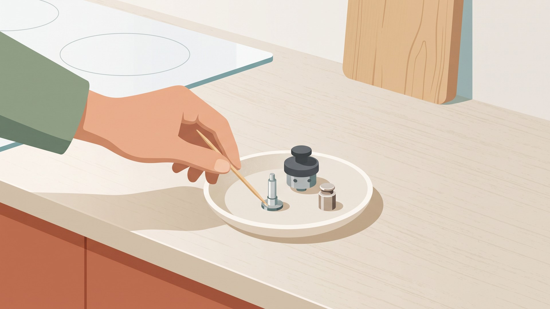 取り外した安全弁とおもりを皿にのせ、つまようじで細かい溝を掃除しているところ