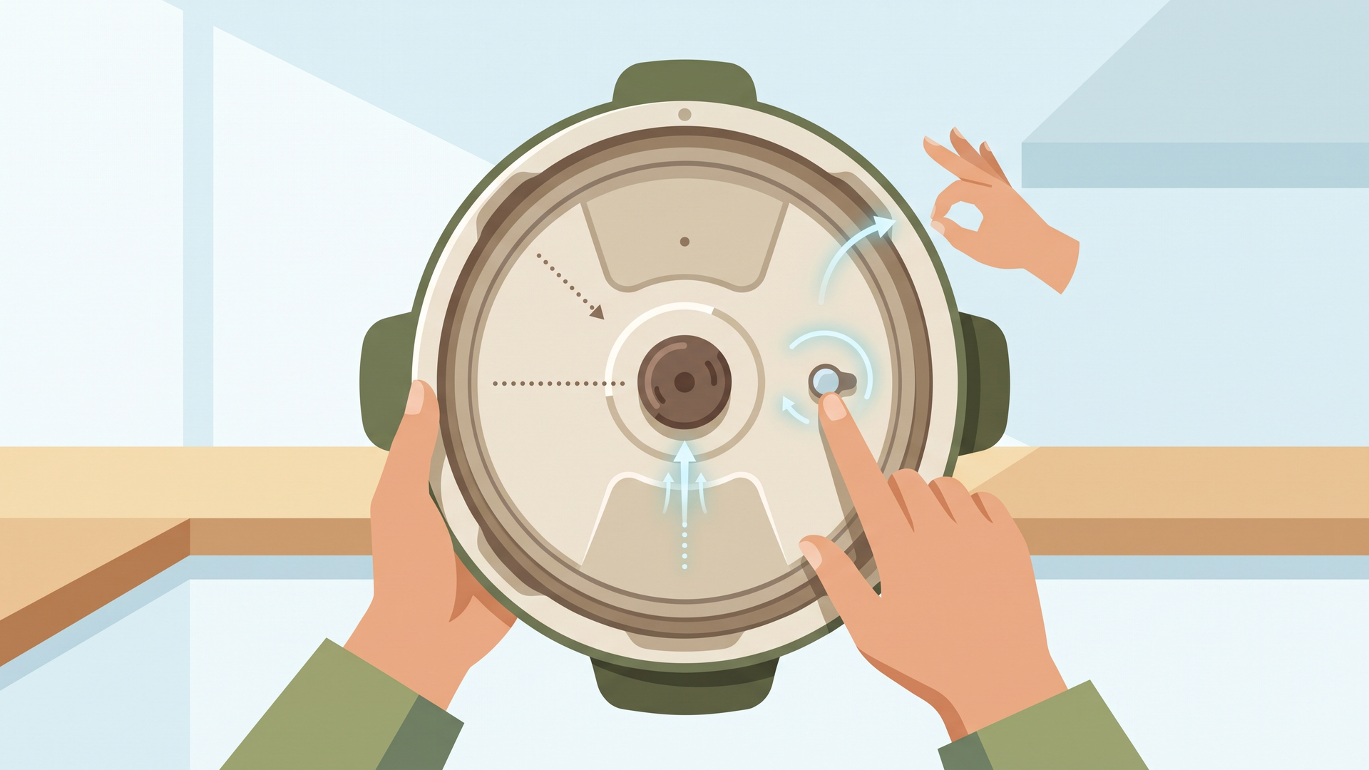 電気圧力鍋のふたの裏側と、排気の向きを矢印で示した図