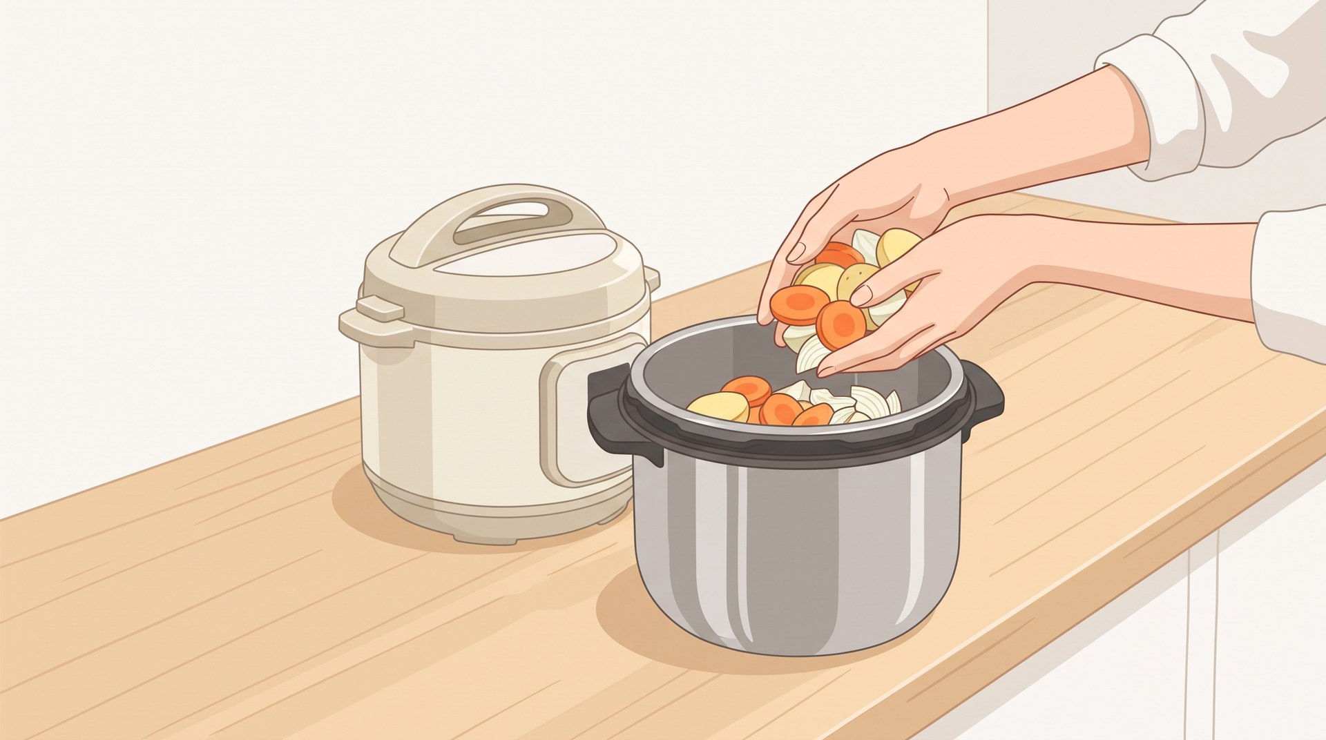 内なべに切った野菜を入れているところ。奥に電気圧力鍋の本体