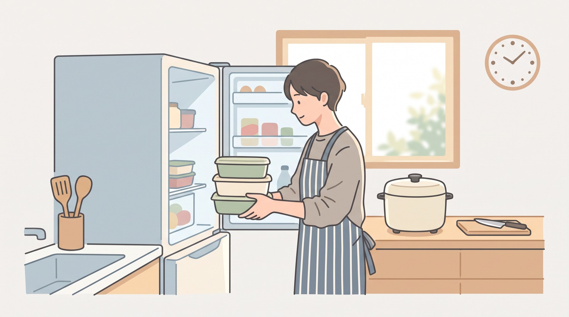 作り置きの容器を冷蔵庫にしまっているところ
