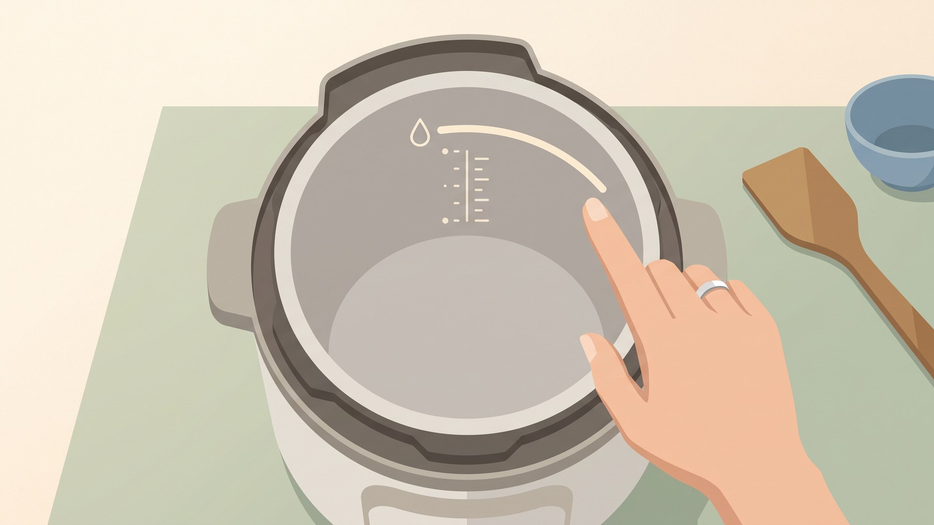 内なべの目盛りを指でさし、水の量を確かめているところ