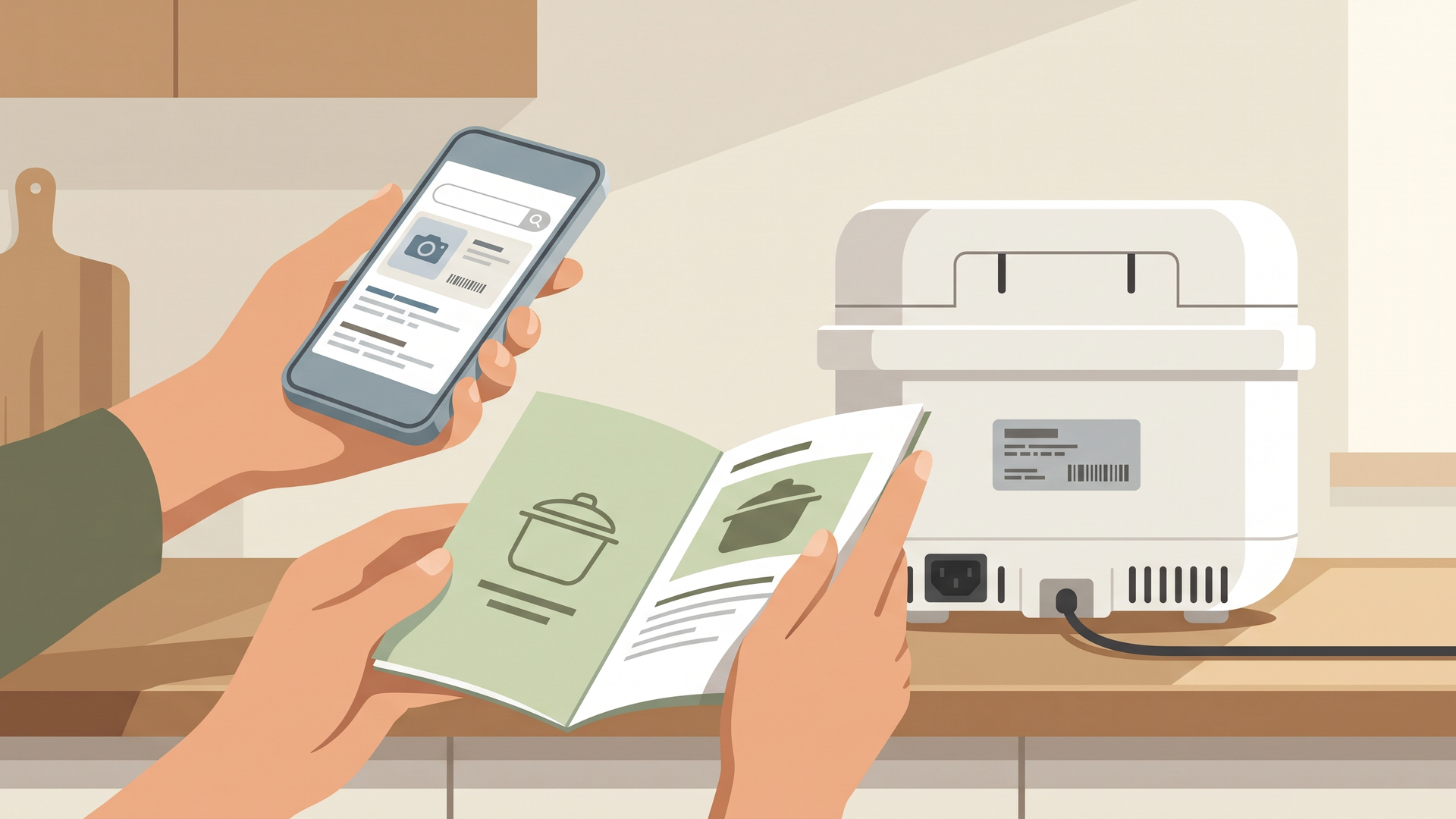 スマートフォンで調べながら、説明書と本体裏の型番ラベルを見比べているところ
