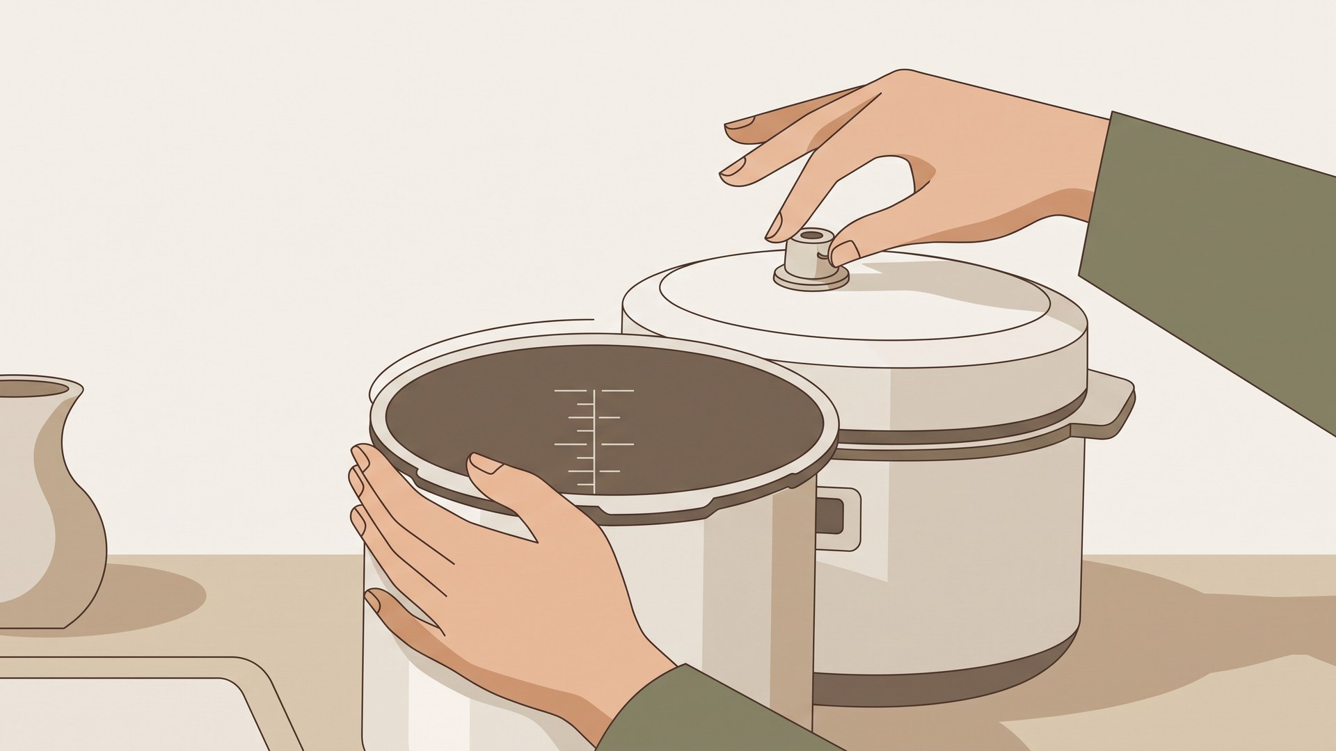 本体に内なべを入れ、ふたのおもりを載せているところ