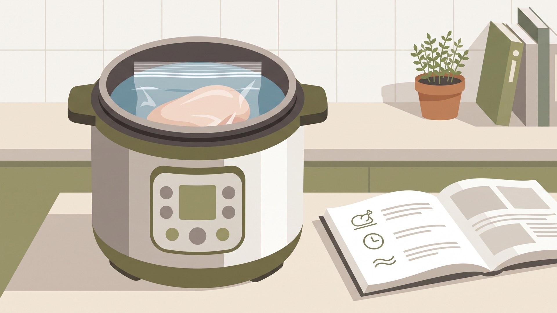 内なべに張った湯の中に、鶏肉を入れた保存袋が沈んでいる。奥に絵記号だけのレシピ本