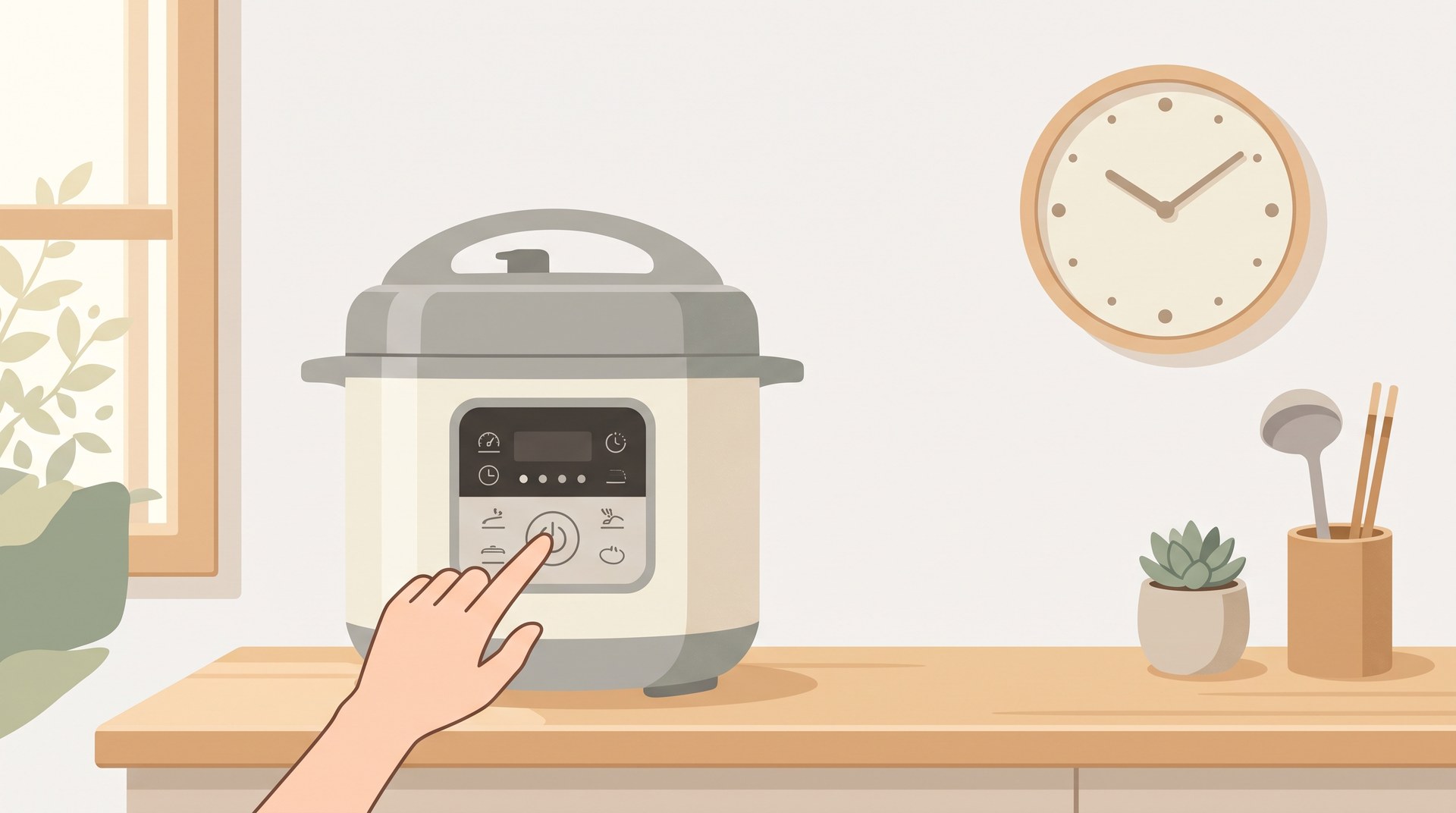 操作パネルのボタンを押しているところ。奥の壁に時計