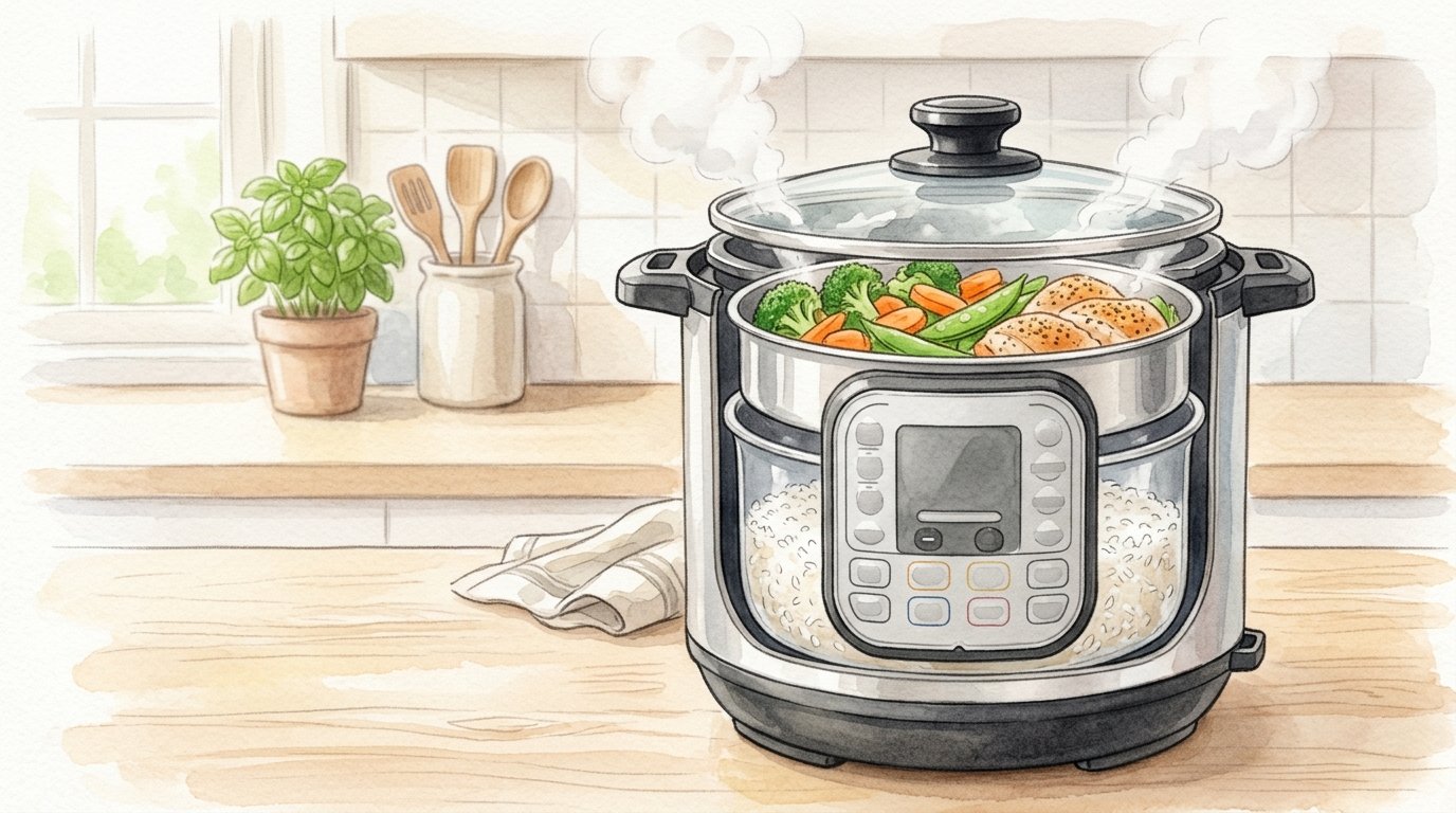 電気圧力鍋の上に蒸し器のトレーを重ね、下でごはんを炊きながら上で野菜と肉を蒸しているところ