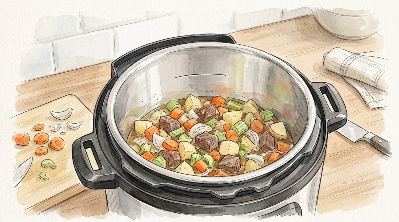電気圧力鍋の内なべ。内側に刻まれた目盛り線より下で、切った野菜と肉が止まっている
