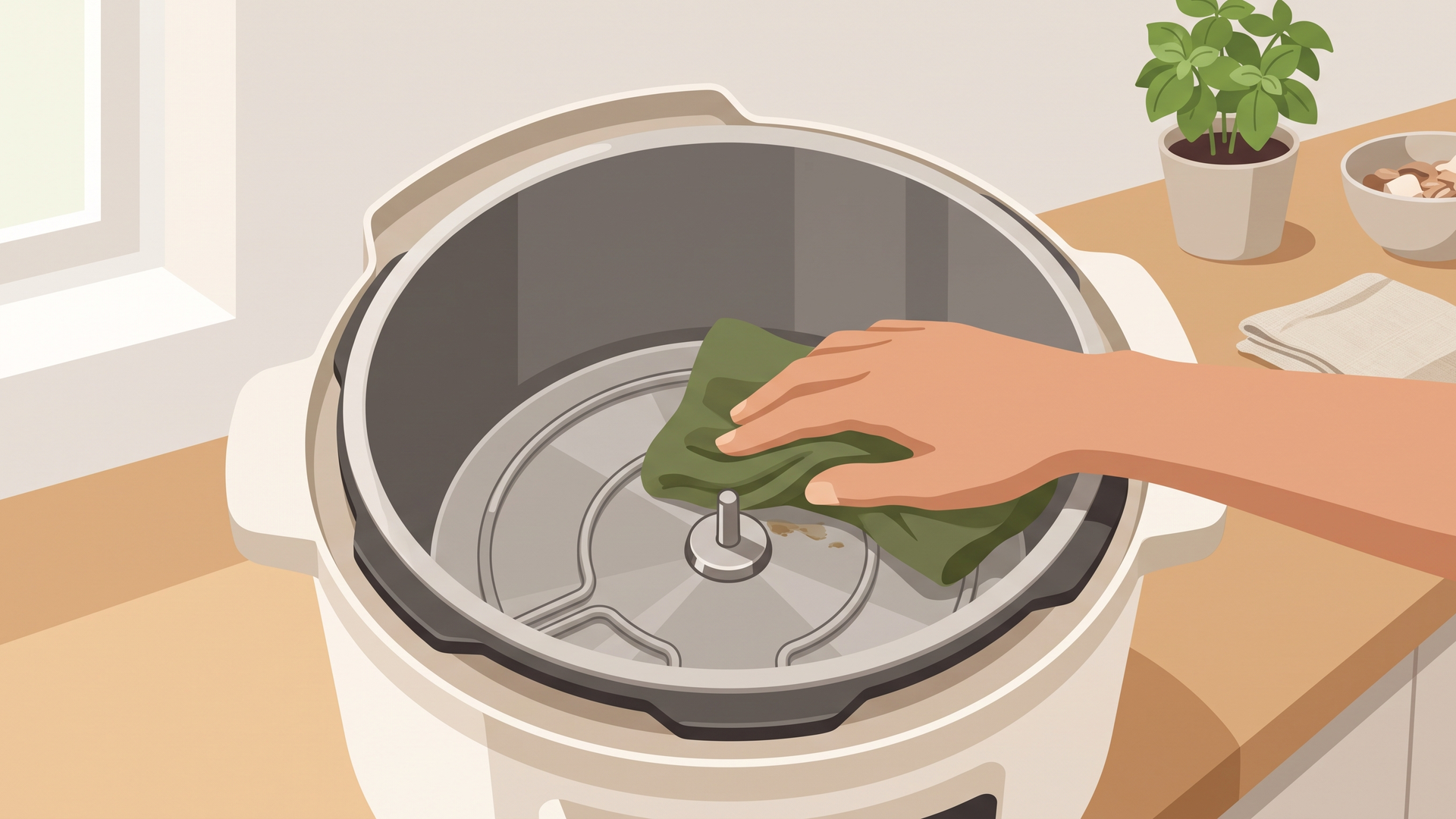 内なべを外した本体の内側を布で拭いているところ