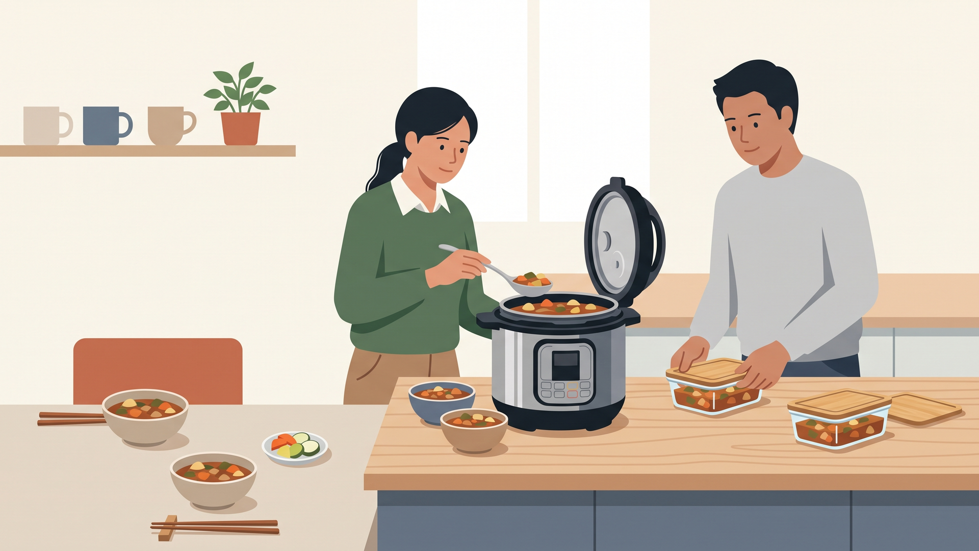 二人暮らしの食卓で煮込みをよそい、残りを保存容器に移しているところ