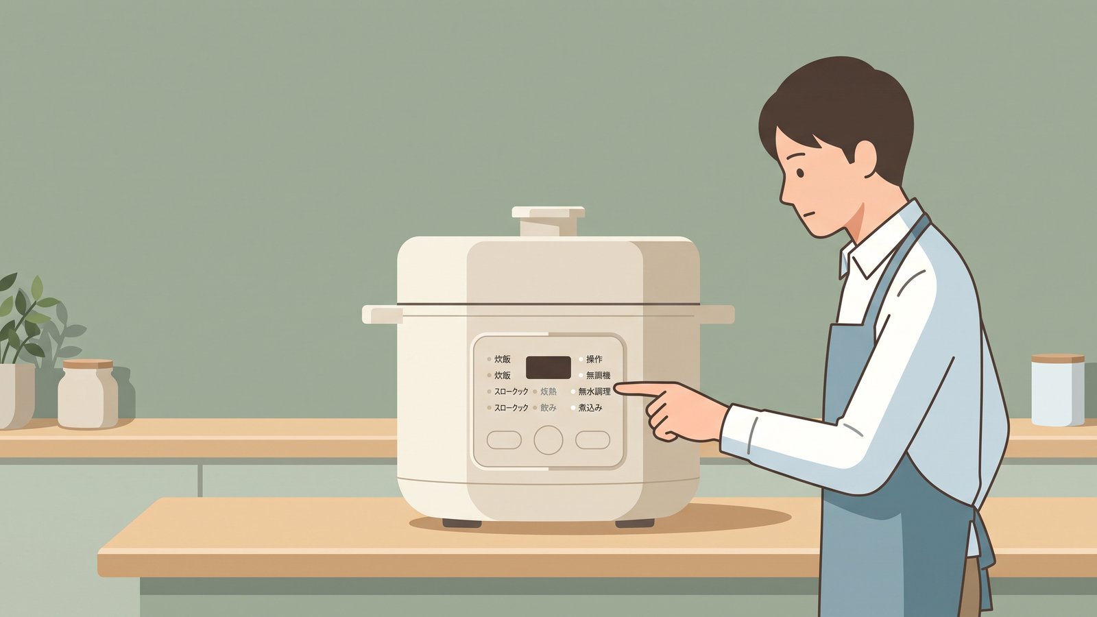 操作パネルの無水調理ボタンを指さしているところ