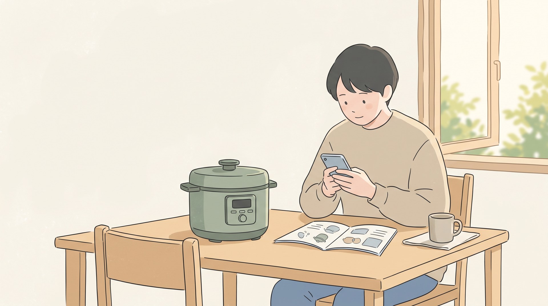 説明書を開き、スマートフォンで問い合わせ先を調べているところ