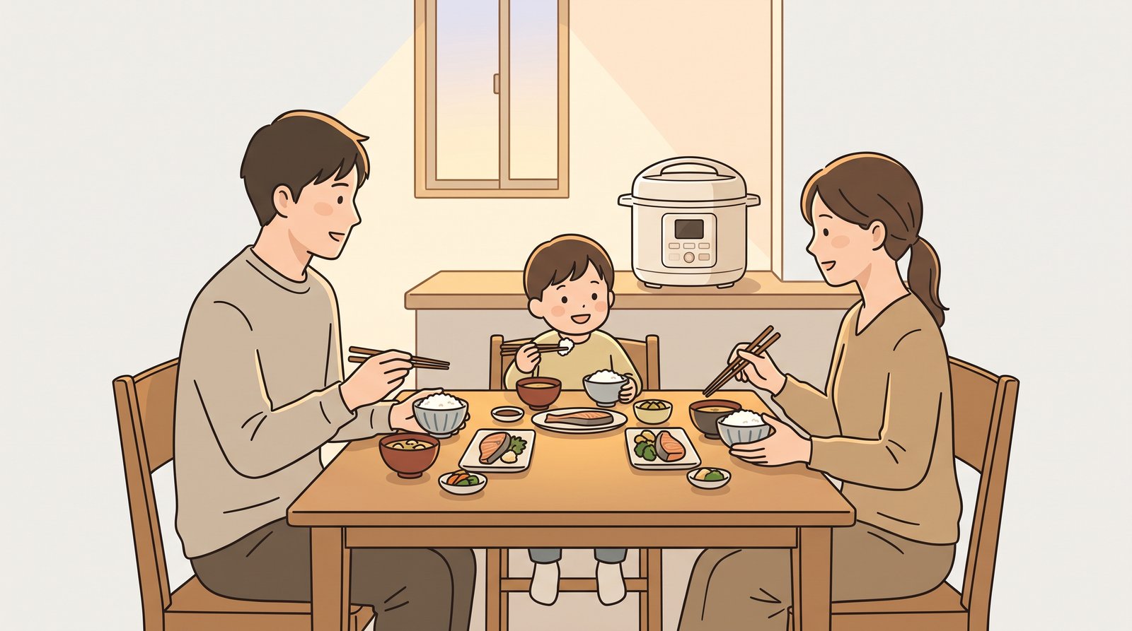 家族で夕飯を囲んでいるところ。奥に電気圧力鍋
