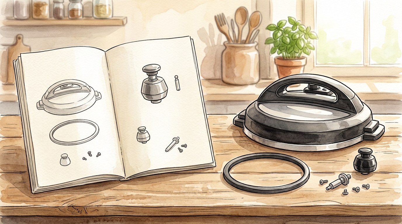 開いた取扱説明書の部品図のページと、テーブルに並べた電気圧力鍋のふた・パッキンのリング・おもり・圧力表示ピン