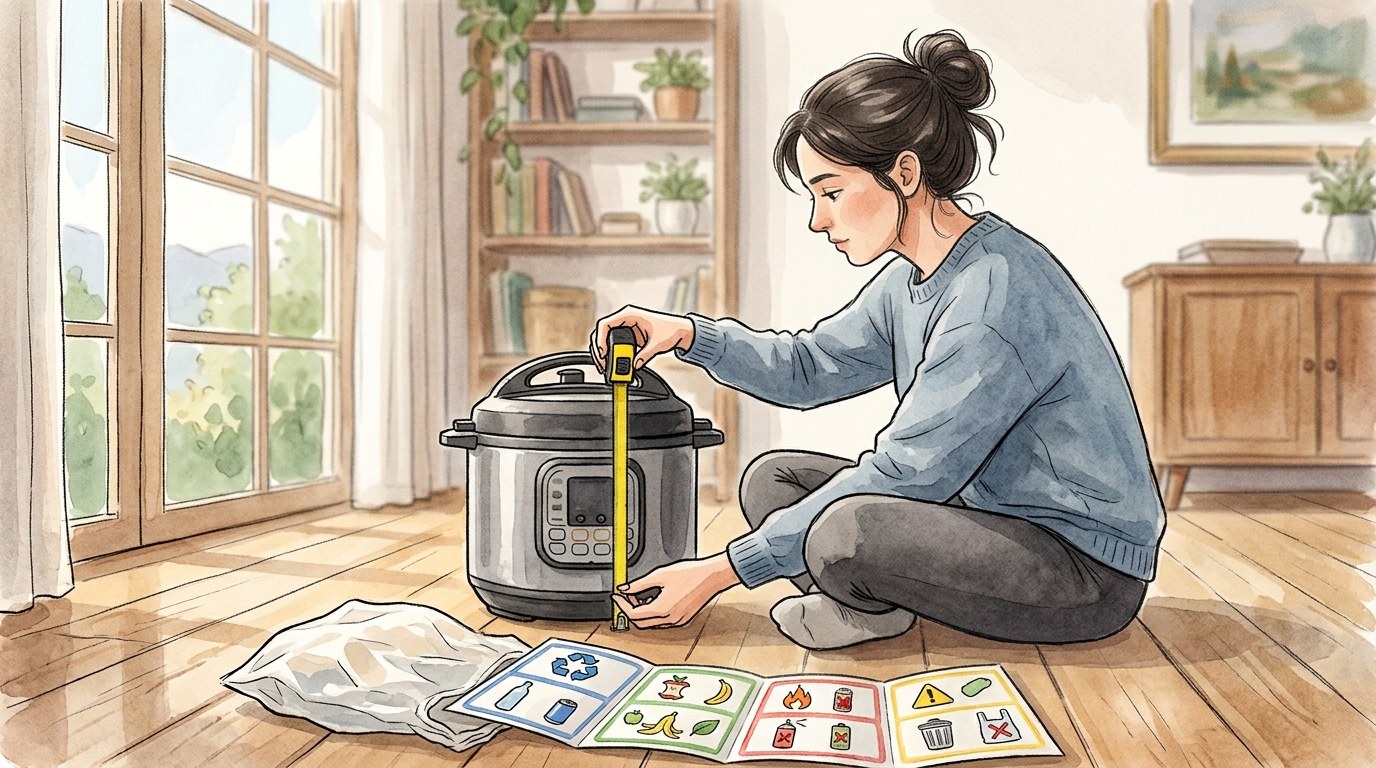 床に座って電気圧力鍋の高さをメジャーで測っている女性の横顔。手前にごみ袋と絵記号だけの分別パンフレット