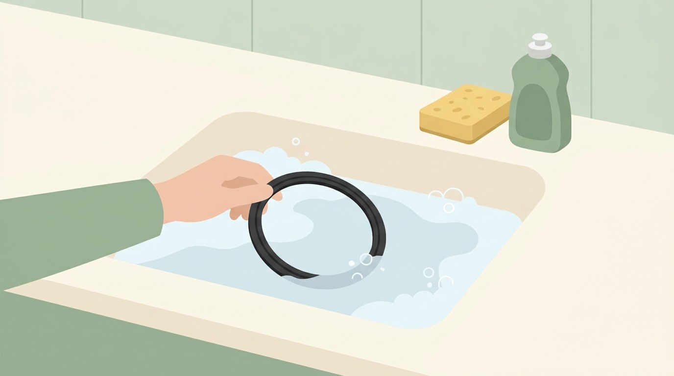 洗い桶の泡水に浸けたパッキンを手で持ち、スポンジと台所用洗剤を横に置いているところ