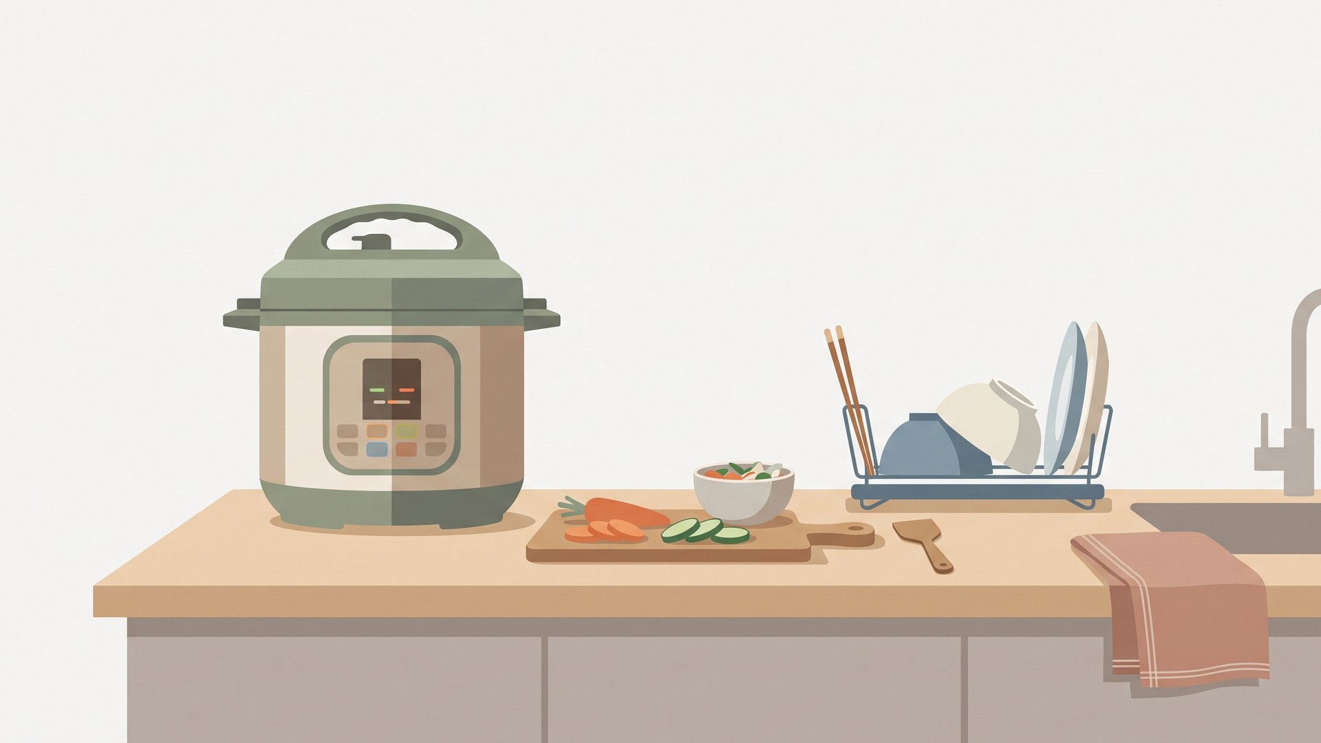 調理を終えた電気圧力鍋と、洗い上がった食器