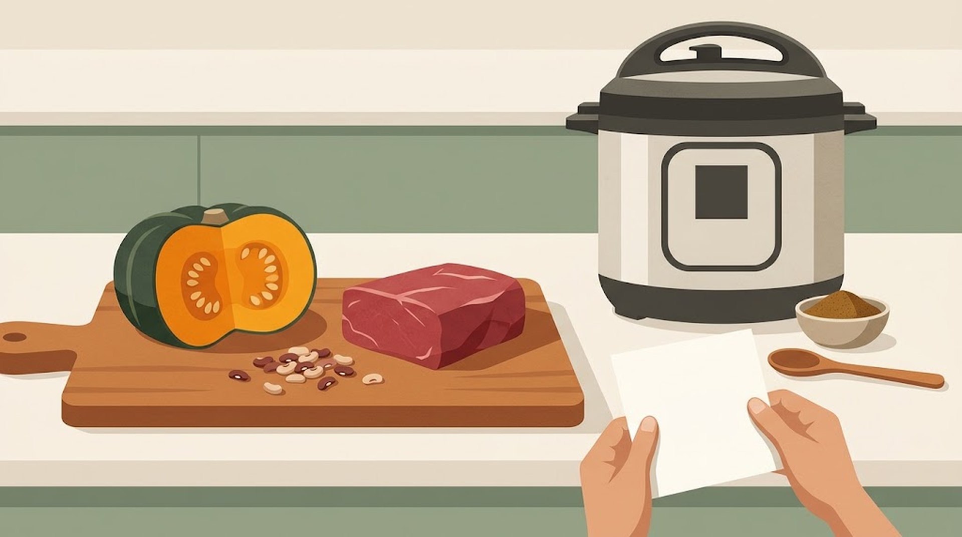 まな板の上に半分に切ったかぼちゃ・牛肉のかたまり・乾いた豆が並び、奥に電気圧力鍋。手前で両手が白紙のメモ用紙を持っている